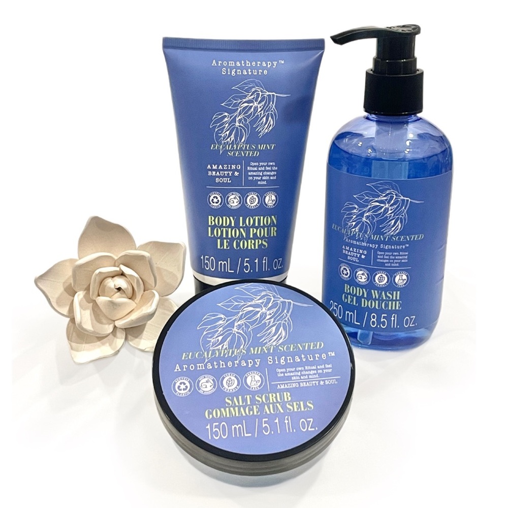 AROMATHERAPY SIGNATURE Eucalyptus Mint Scented Body Scrub, Wash & Lotion Set (3)